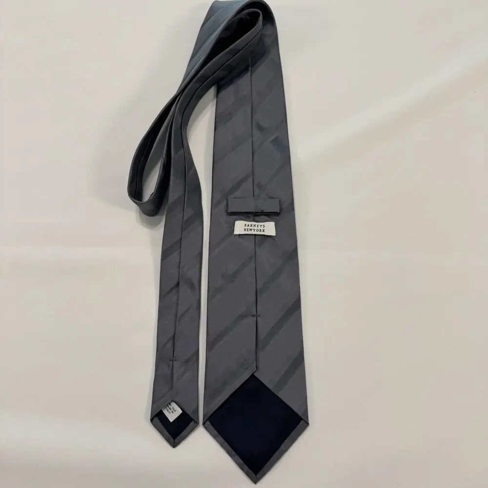 Barneys New York Gray And Black Striped 100% Italian Silk Tie